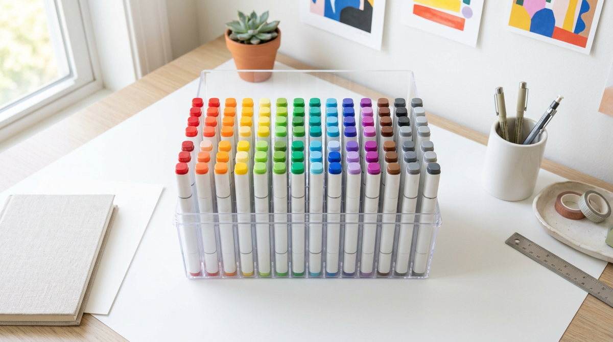 Alcohol markers stored upright in a clear organizer case