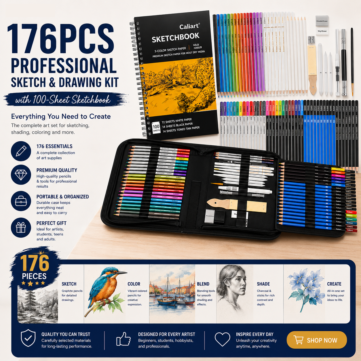 Caliart 176-Piece Sketch and Drawing Kit for Beginners