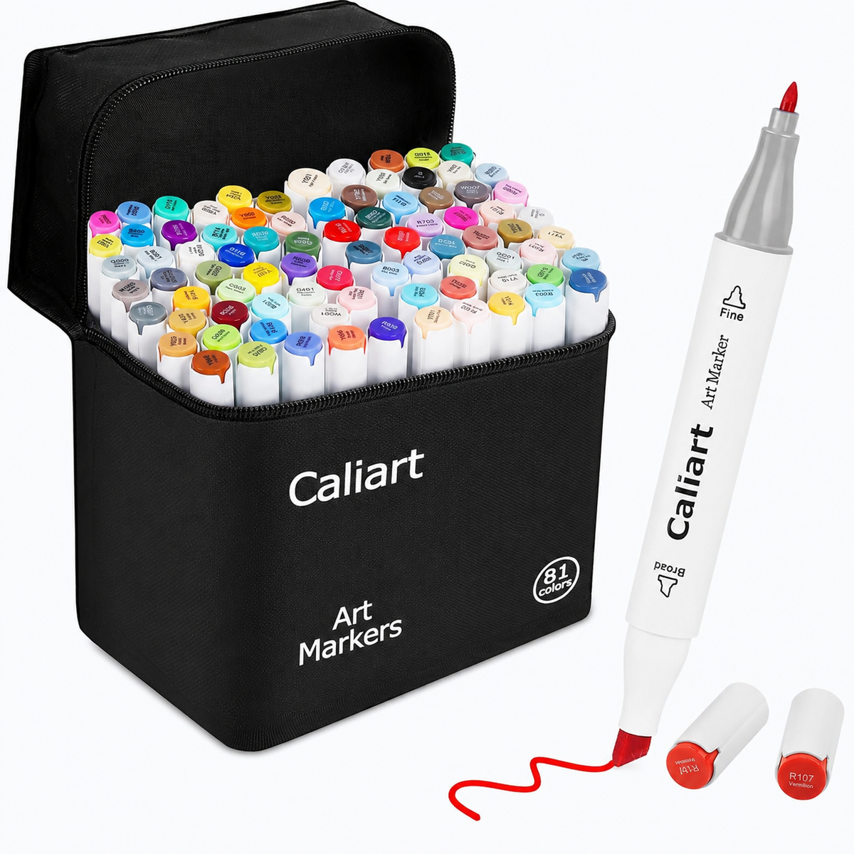 Caliart 81-color dual tip alcohol markers in a zippered carrying case, with one marker held up showing its fine and broad chisel tips and a red ink line, plus two spare vermilion tip caps