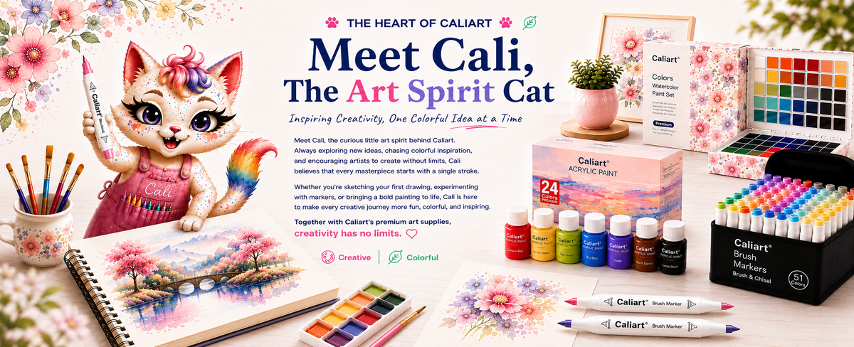 Cali the Art Spirit Cat mascot with Caliart acrylic paint, watercolor set, brush markers and sketchbook