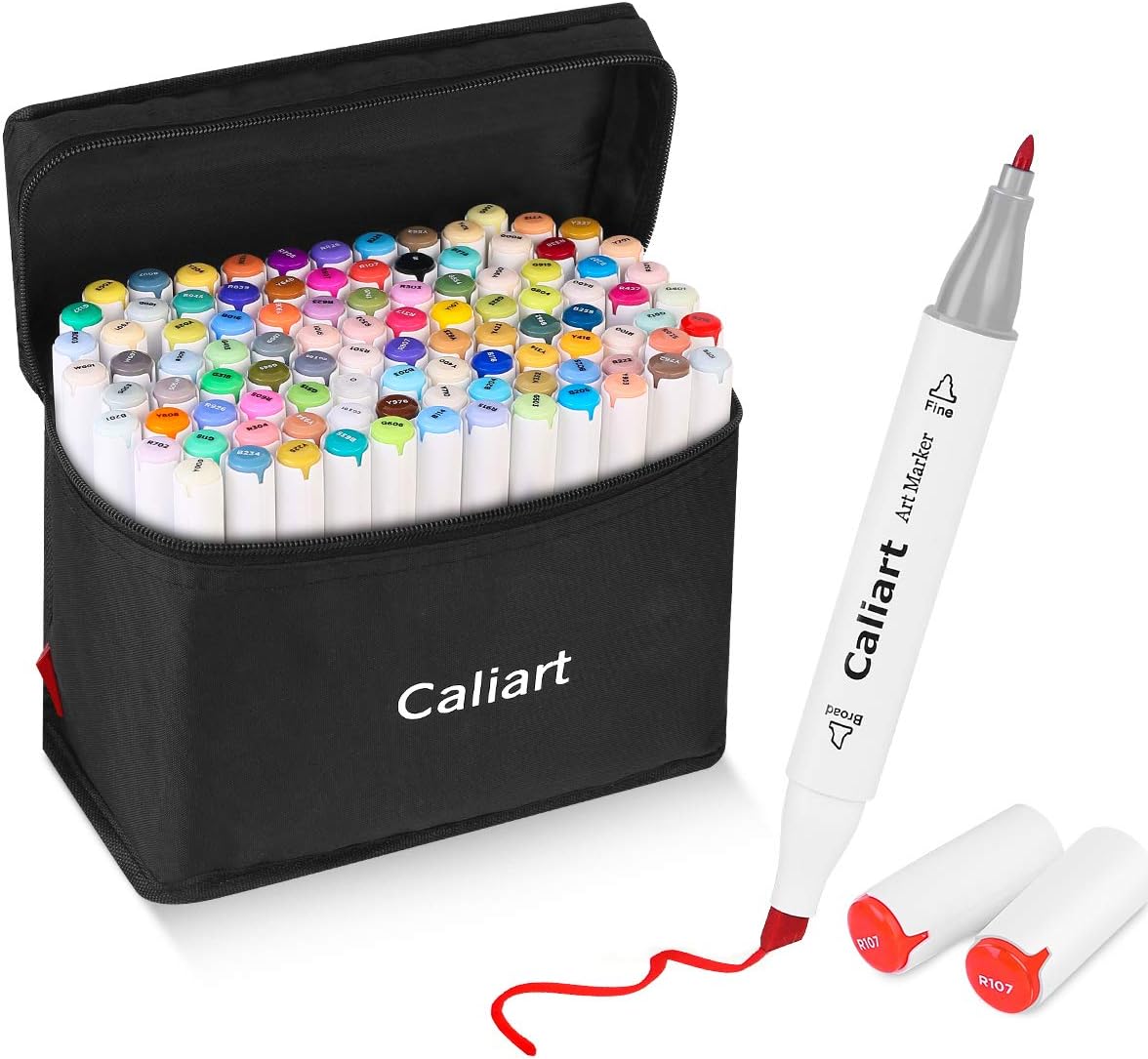 Caliart 100-color and 18-color marker bundle shown with carrying cases
