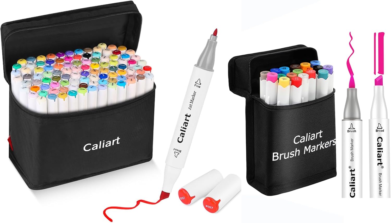 Caliart 100-color and 18-color brush and chisel dual tip alcohol markers, permanent art marker bundle for artists and adult coloring