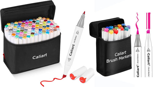 Caliart 100-color and 18-color brush and chisel dual tip alcohol markers, permanent art marker bundle for artists and adult coloring