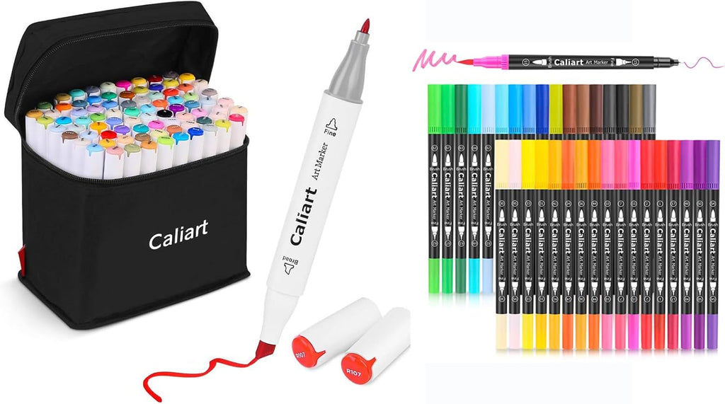 Caliart 81-color alcohol markers with 34 dual tip brush pens, permanent art marker set for artists, students and adult coloring