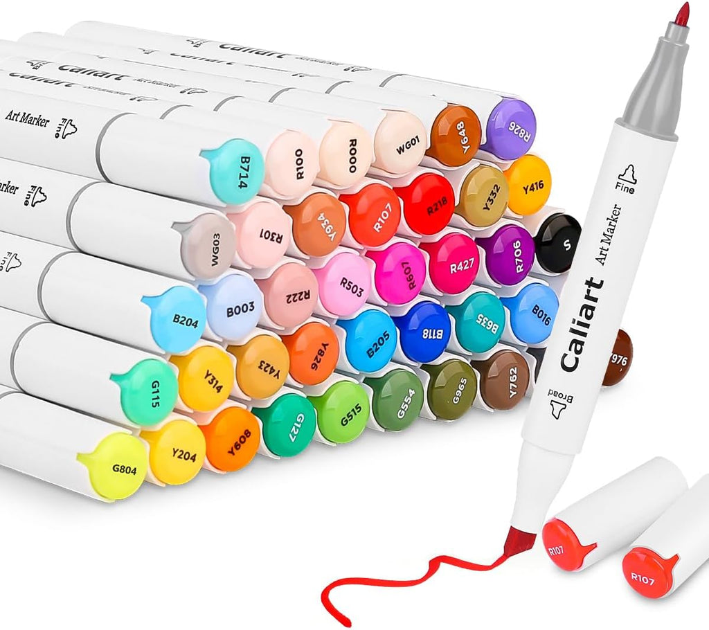 Caliart 41-color alcohol marker set shown with carrying case and 34 brush pens