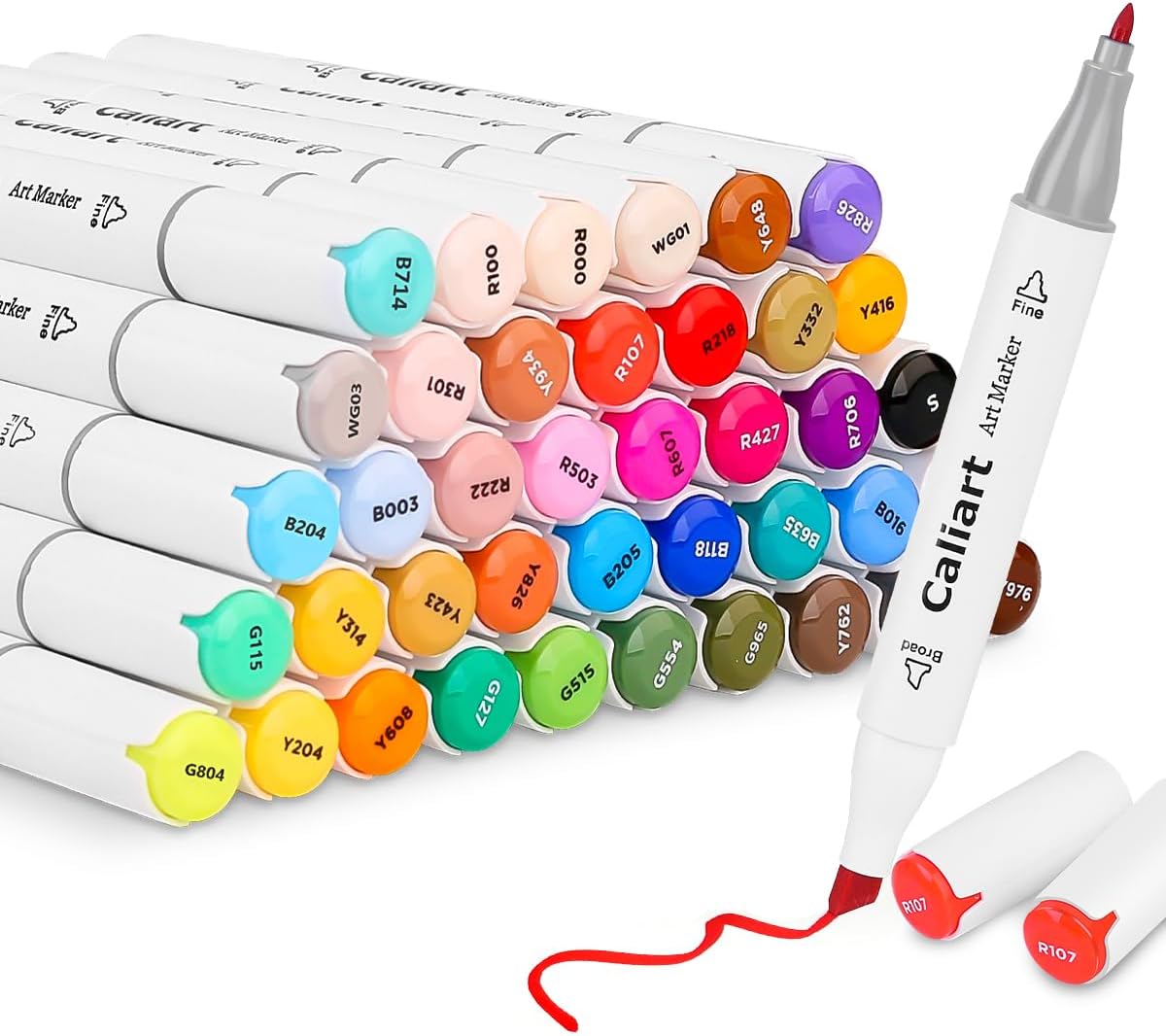 Caliart 41-color alcohol marker set shown with carrying case and 34 brush pens