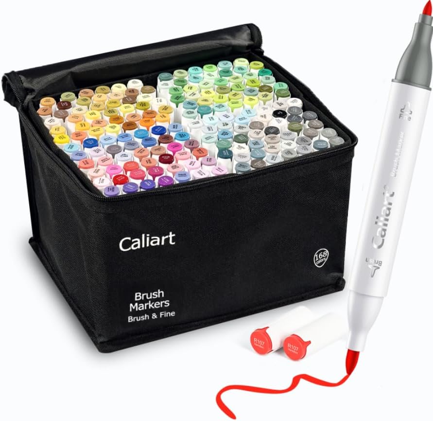 Caliart 168-Color Dual Tip Alcohol Markers Set Brush&Fine