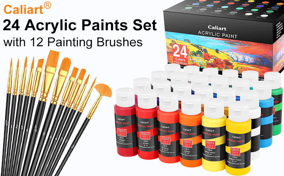 Caliart 24-color acrylic paint set with 12 brushes
