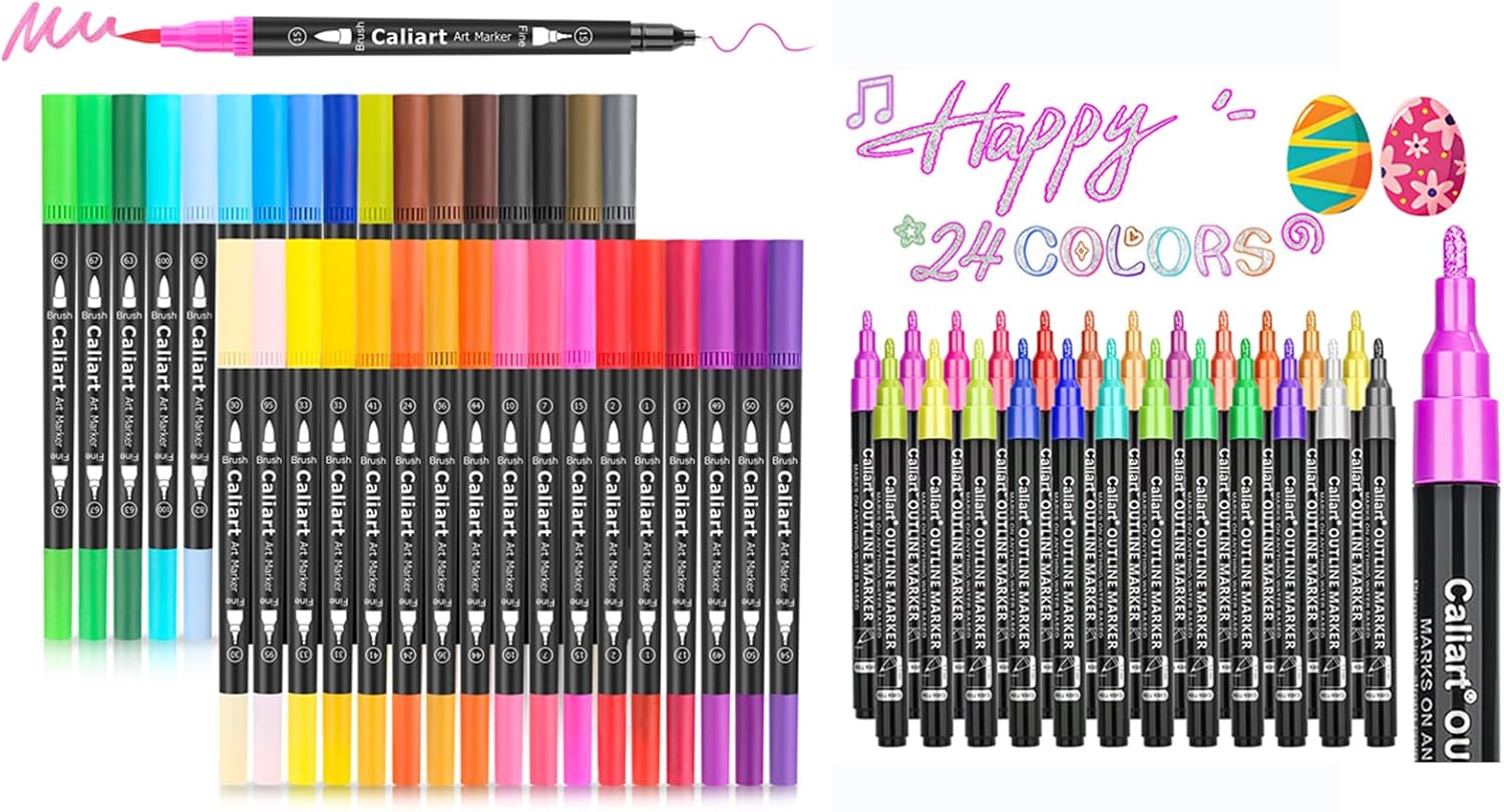 Caliart 34 dual tip brush pens with 24 double-line outline markers, art pen set for cards and doodle drawing