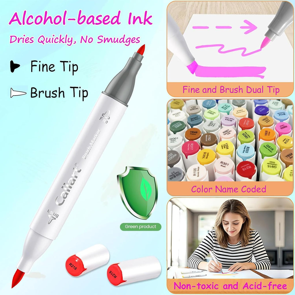 Caliart Alcohol Based Markers, 81 Colors Art Drawing Markers Set Dual Tip Brush & Fine Permanent Colored Sketch Pens, with Case for Artists Adults Coloring Book