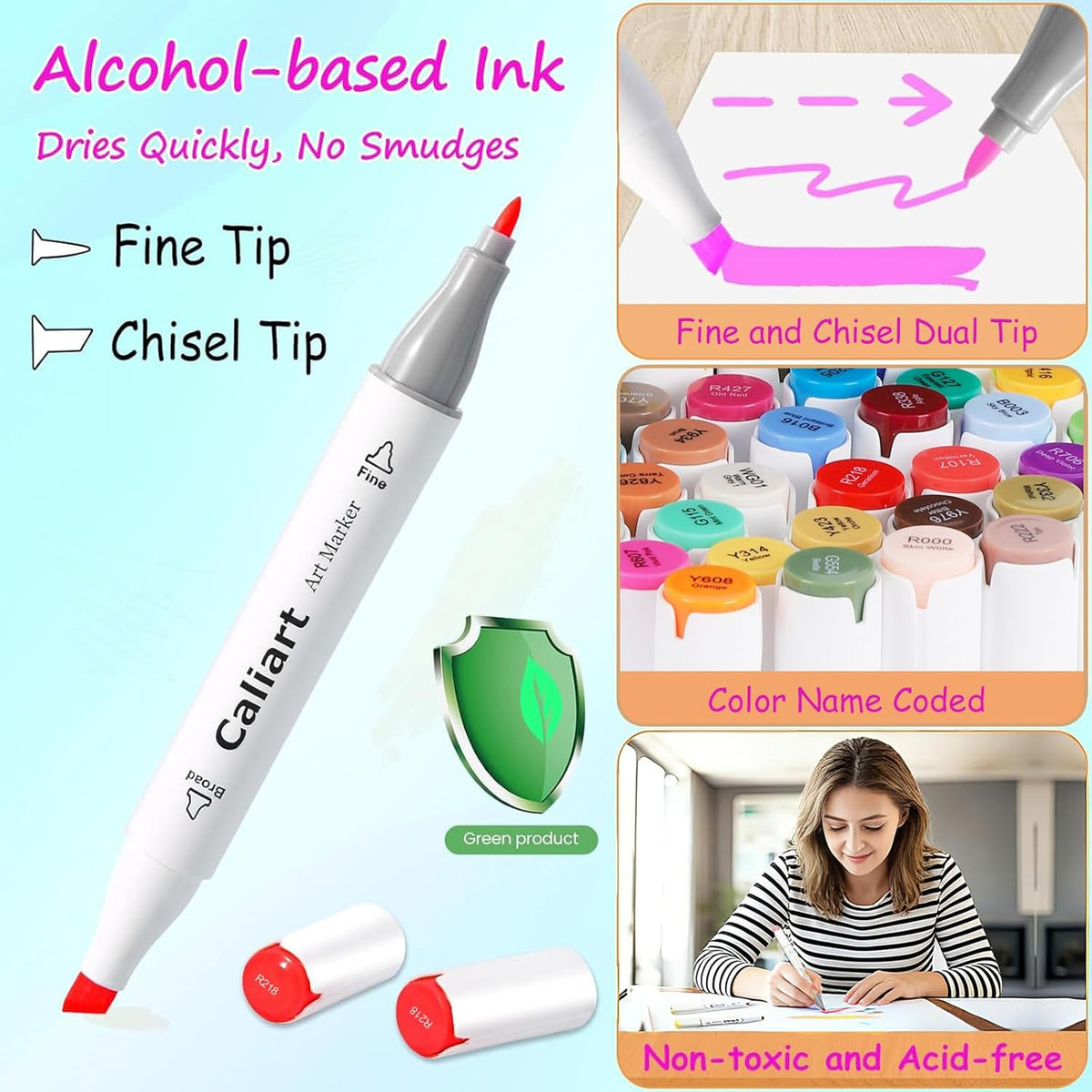 Caliart 52 Colors Alcohol Markers Dual Tip, Fine & Chisel Permanent Drawing Pens with Case, Based Art Markers for Adult Coloring Books No Bleeding, Artist Sketch Illustration Lettering Craft Supplies