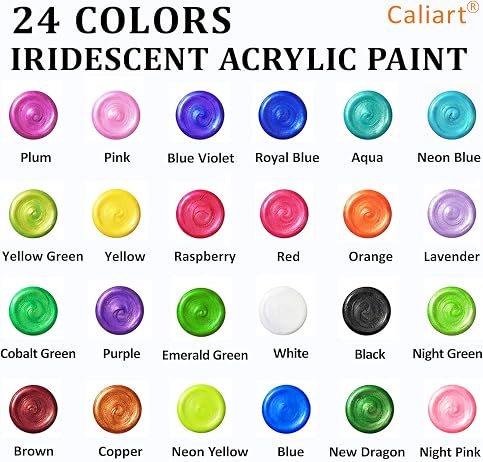 Caliart 24-Color Iridescent Acrylic Paint Set with Brushes
