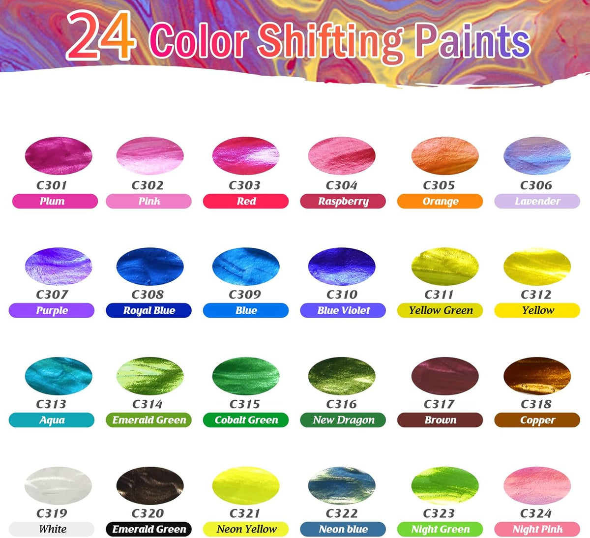 Caliart Iridescent Acrylic Paint, 24 Chameleon Colors in 59ml/2oz Bottles with 12 Brushes, Art Craft Paints Color-shifting for Adults Artists Beginners, Canvas Ceramic Wood Rock Painting Kit