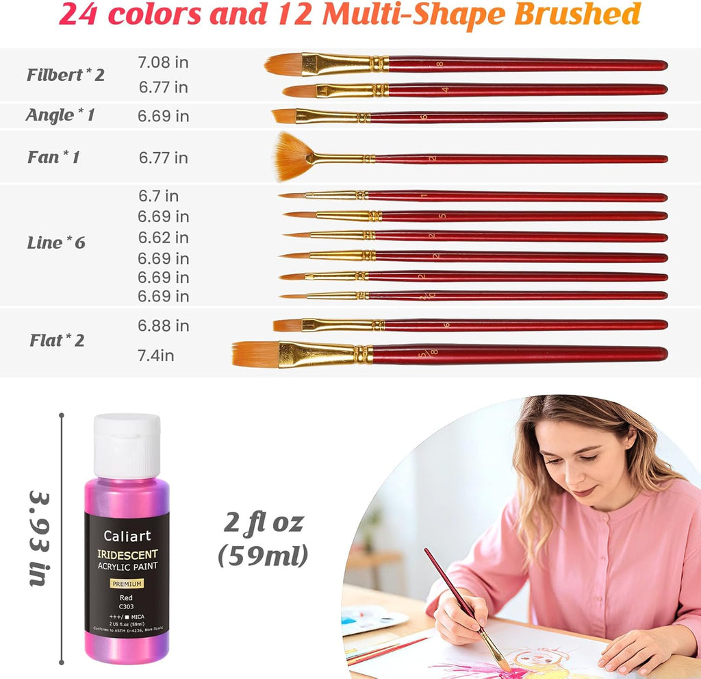 Caliart Iridescent Acrylic Paint, 24 Chameleon Colors in 59ml/2oz Bottles with 12 Brushes, Art Craft Paints Color-shifting for Adults Artists Beginners, Canvas Ceramic Wood Rock Painting Kit