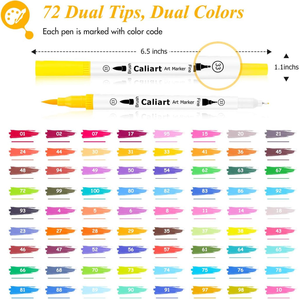 Caliart 72 brush pens and 24 double-line markers shown together