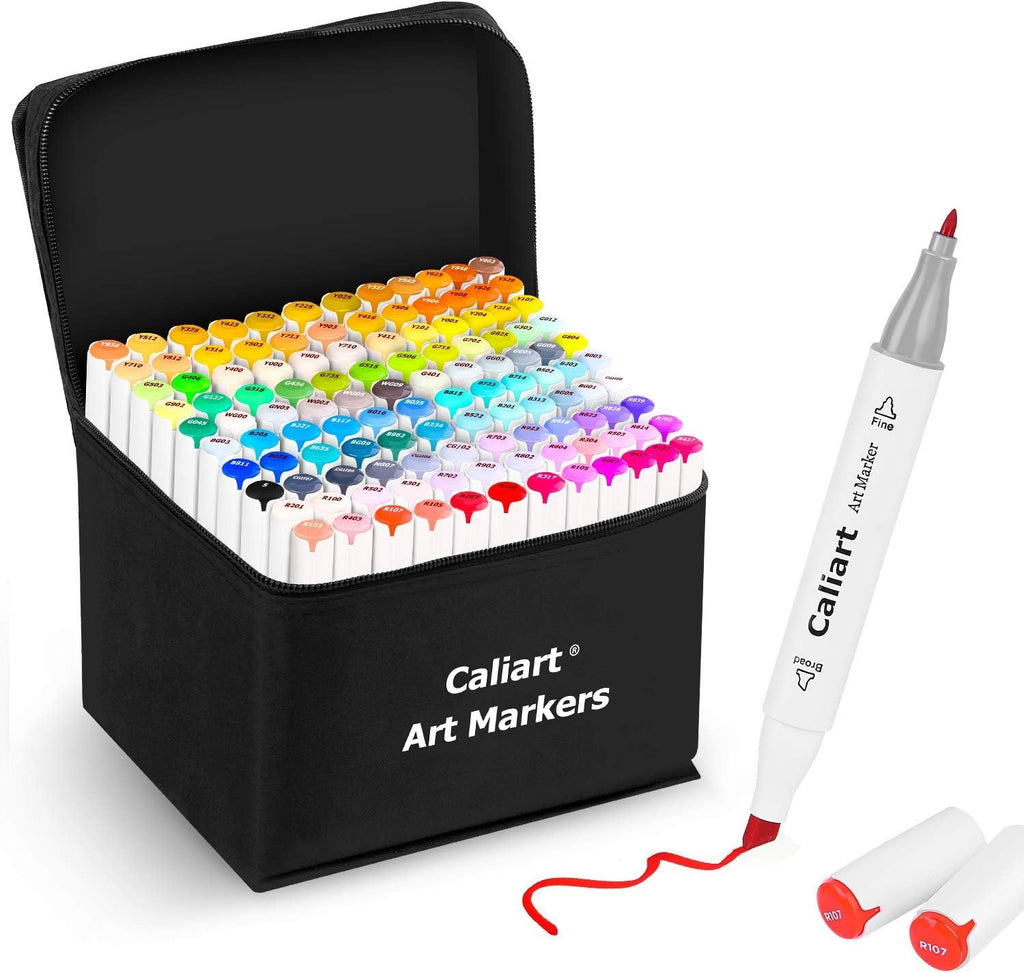 Caliart 121-color alcohol marker set shown with carrying case and 34 brush pens