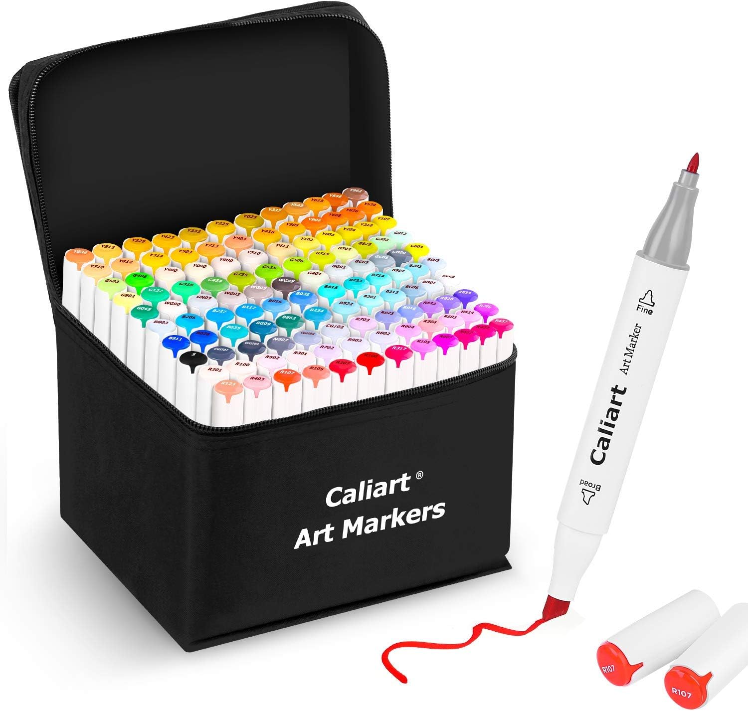 Caliart 121-color alcohol marker set shown with carrying case and 34 brush pens