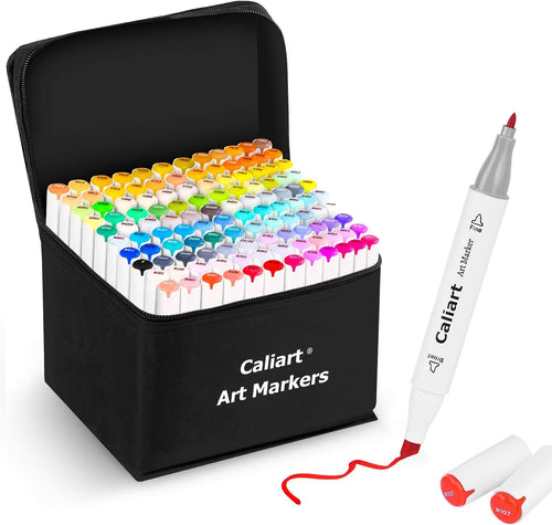 Caliart 121-color alcohol marker set shown with carrying case and 34 brush pens