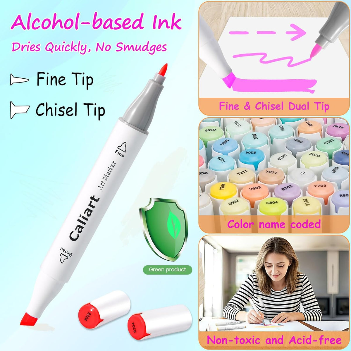 Caliart Alcohol Based Markers, 180 Colors Art Marker Set Fine & Chisel Dual Tip, Permanent Colored Pens for Adults Coloring Book Artists Illustration Sketch Drawing