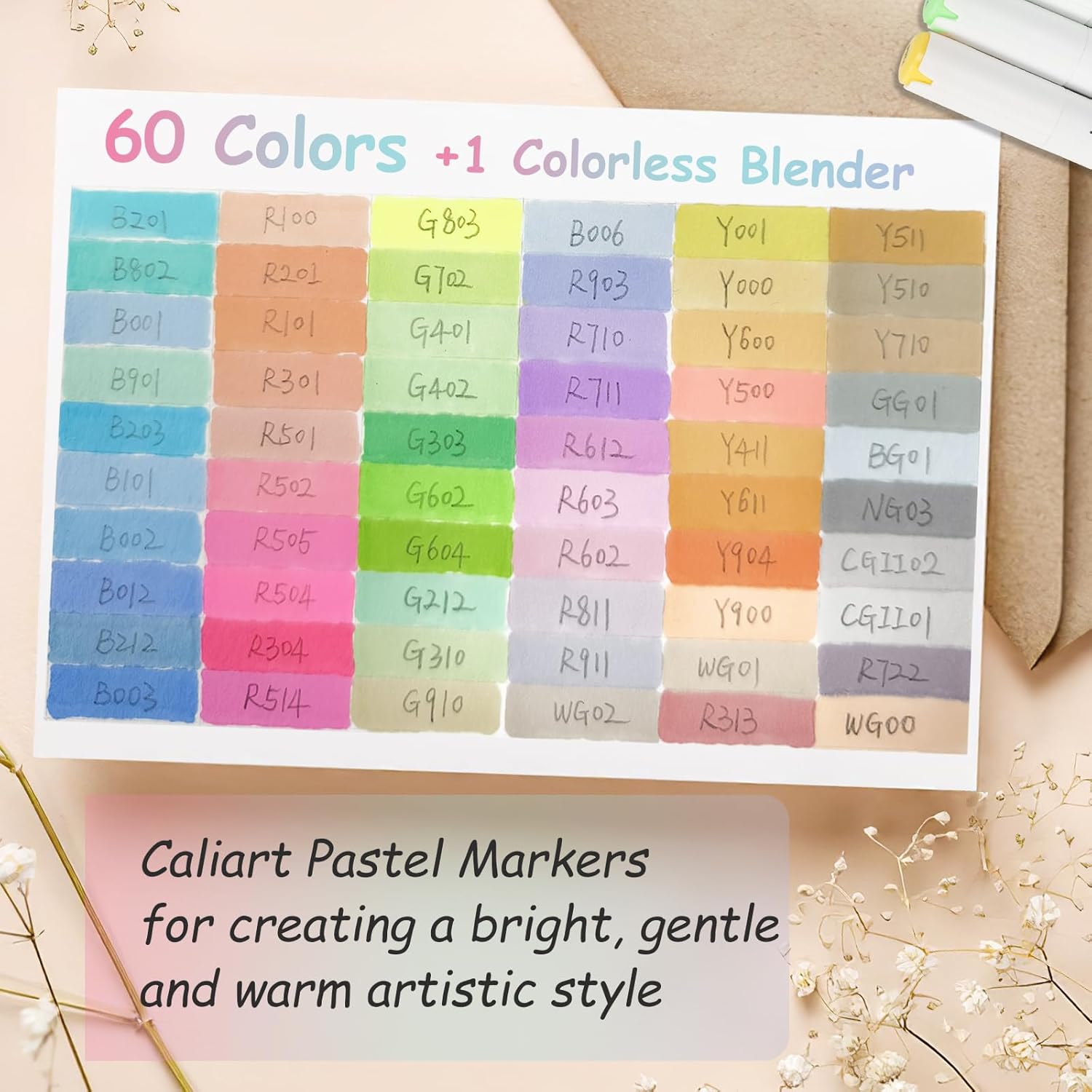 Caliart Alcohol Markers Brush Tip, 61 Colors Pastel Coloring Marker Set Dual Tip Fine & Brush, with Case Permanent Alcohol Based Colored Art Pens for Adult Coloring Books Artists Drawing Gifts