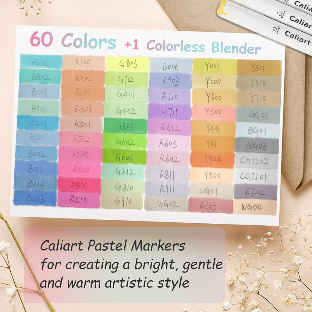 Caliart Pastel Alcohol Markers, 61 Colors Fine & Broad Chisel Dual Tip Permanent Art Markers with Carrying Case, Alcohol Based Sketch Pens for Adults Artists Coloring Painting Drawing Illustration