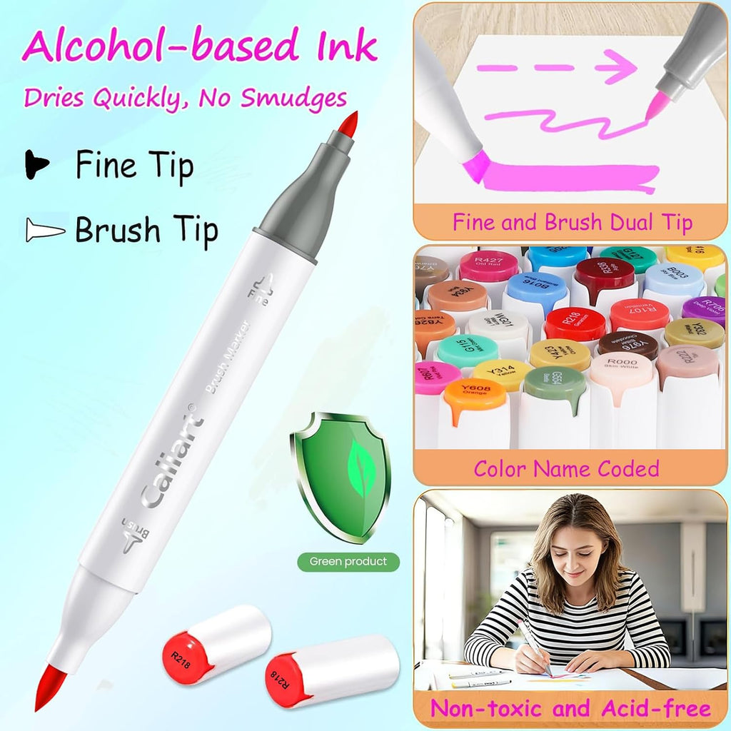 Caliart Alcohol Markers 41 Colors Brush & Fine Dual Tip Art Markers Set, Permanent Pens for Adults Artists Drawing, Coloring Books Anime Illustration, Highlighting Sketch Art Supplies with Carry Case