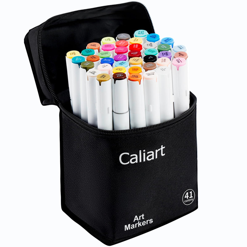 Caliart Alcohol Markers 41 Colors Brush & Fine Dual Tip Art Markers Set, Permanent Pens for Adults Artists Drawing, Coloring Books Anime Illustration, Highlighting Sketch Art Supplies with Carry Case