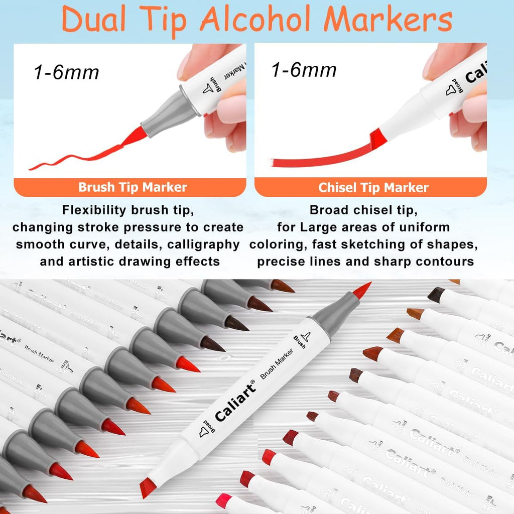 Caliart 101 Colors Alcohol Markers Brush Tip, Dual Tip Brush & Chisel Permanent Art Markers for Adult Coloring Books, Drawing, Sketching, Illustration, with Carrying Case for Artists & Beginners