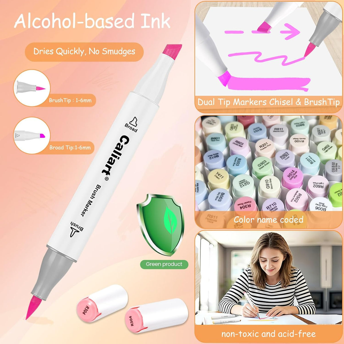 Caliart Pastel Alcohol Markers Brush Tip, 100 Colors Dual Tip Coloring Marker Pen Set Brush & Chisel, Art Supplies Gift for Adults Coloring Book Artists Sketch Drawing Illustration