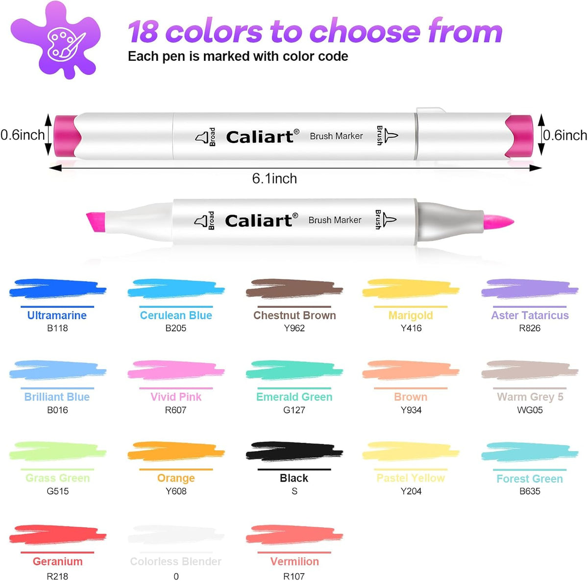 Caliart Markers Brush & Chisel, 18 Colors Alcohol Markers for Adult Coloring Book, Dual Tip Art Pen Set for Artist Illustration Sketch Drawing Gift