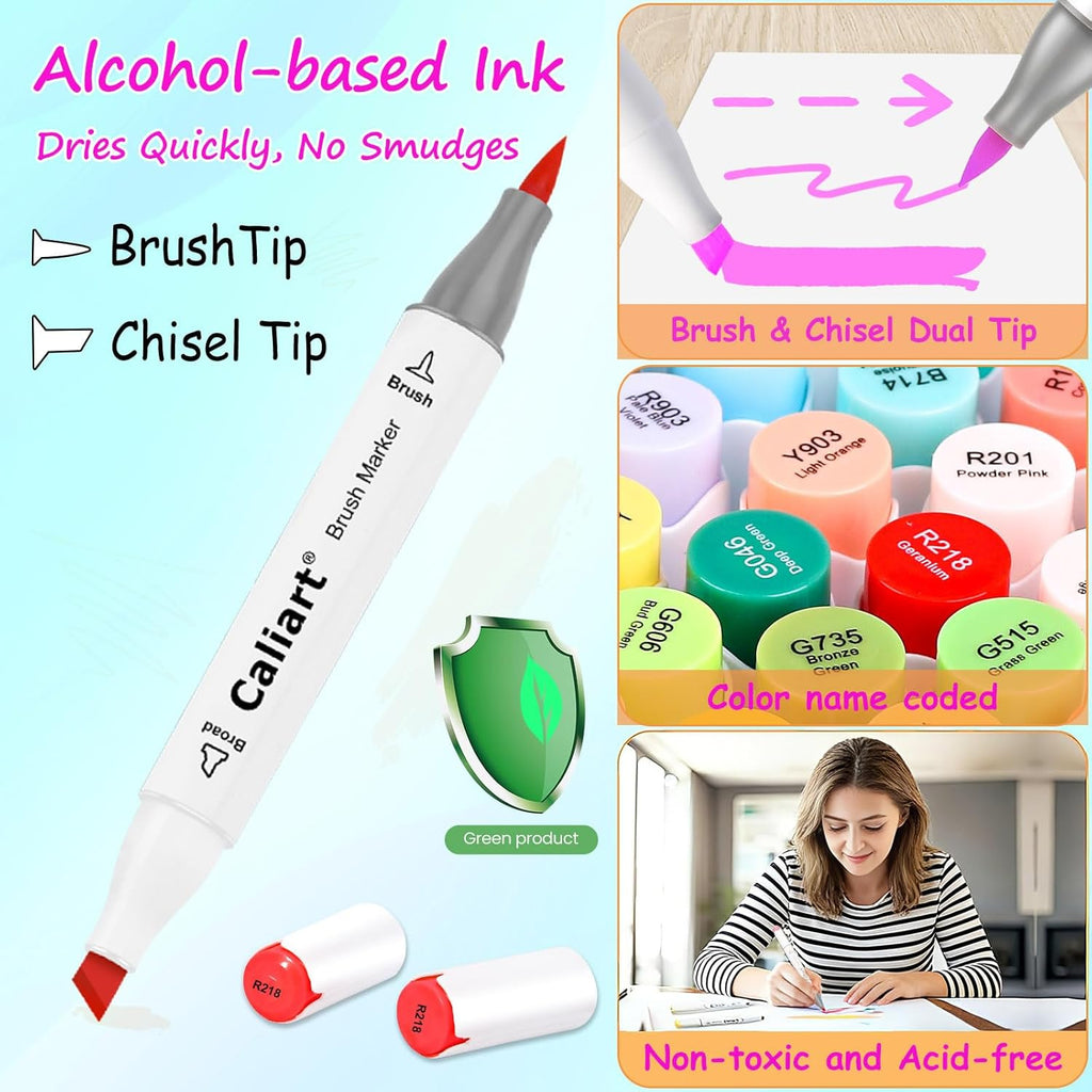 Caliart 101 Colors Alcohol Markers Brush Tip, Dual Tip Brush & Chisel Permanent Art Markers for Adult Coloring Books, Drawing, Sketching, Illustration, with Carrying Case for Artists & Beginners