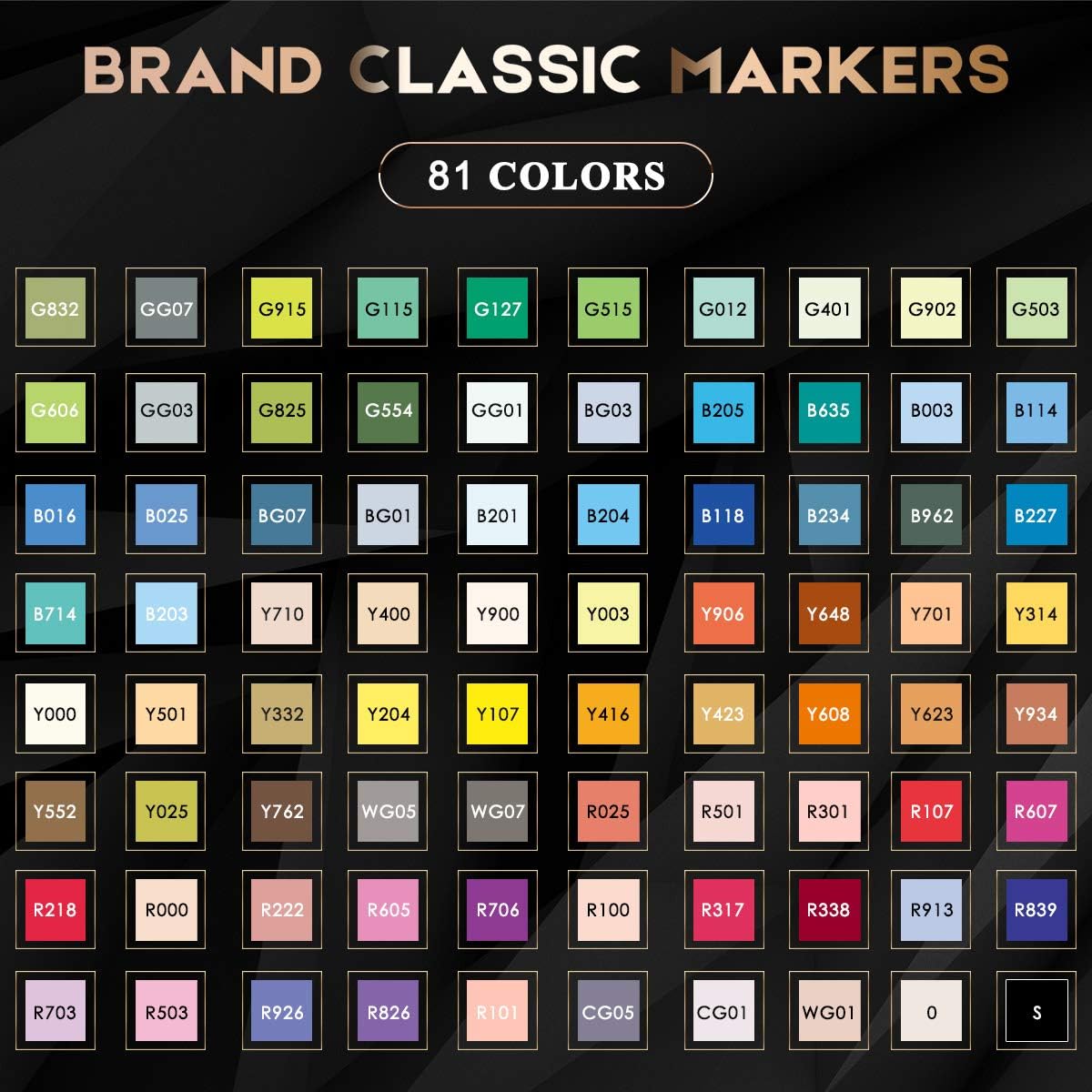 Caliart 81-color marker set color range swatch chart