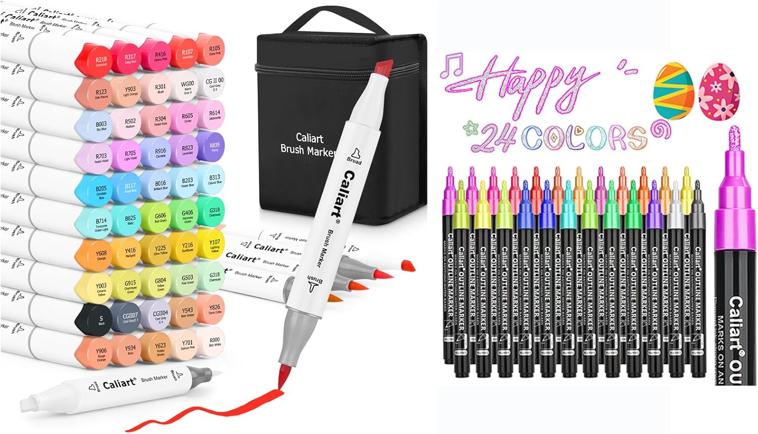 Caliart 51-color brush alcohol markers with 24 double-line outline pens, art marker set for cards and doodle drawing