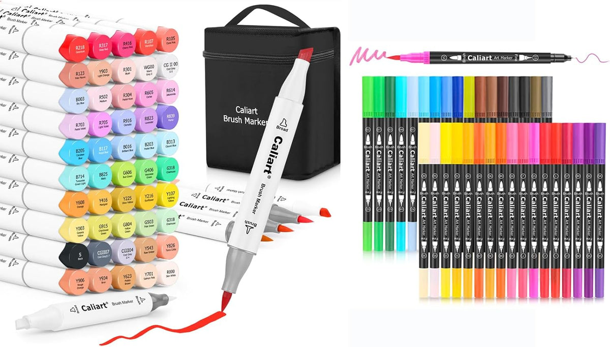 Caliart 51-color brush alcohol markers with 34 dual tip brush pens, permanent art marker set for artists, students and adult coloring