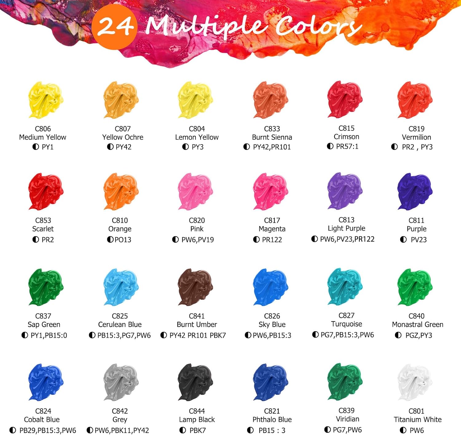 Caliart 24-Color Acrylic Paint Set with Brushes