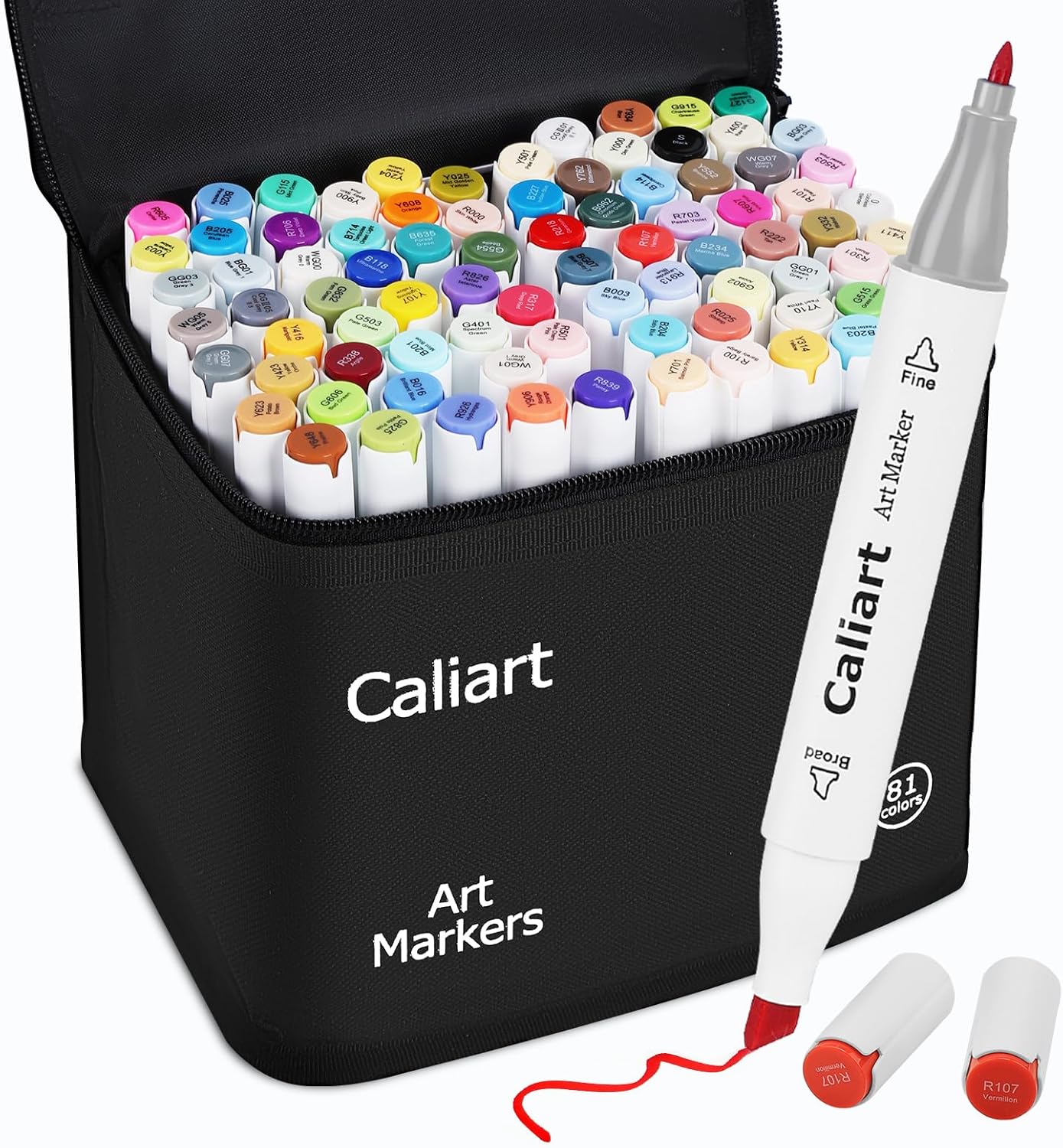 Caliart 81-color alcohol markers set with dual fine and chisel tips, carrying case, and adults coloring book illustration