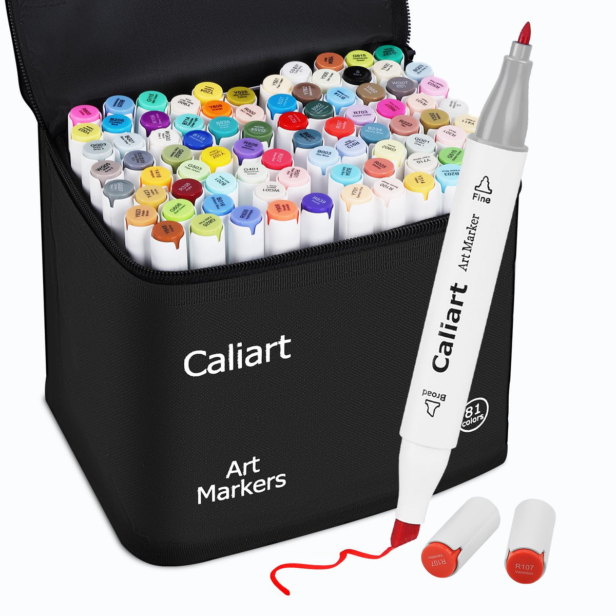 Caliart Alcohol Based Markers, 81 Colors Art Drawing Markers Set Dual Tip Brush & Fine Permanent Colored Sketch Pens, with Case for Artists Adults Coloring Book