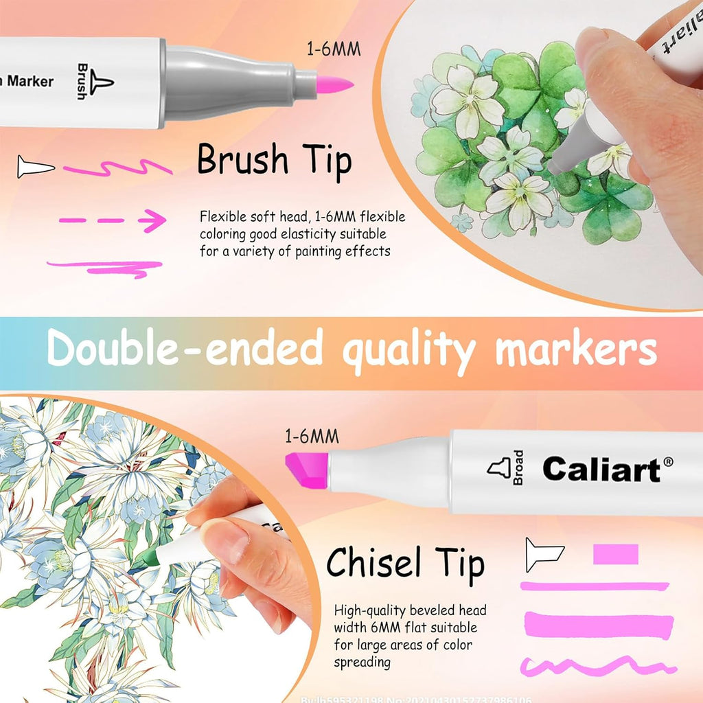 Caliart 100 Colors Alcohol Markers, Pastel Brush Markers