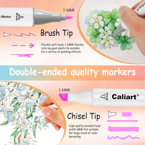 Caliart Pastel Alcohol Markers Brush Tip, 100 Colors Dual Tip Coloring Marker Pen Set Brush & Chisel, Art Supplies Gift for Adults Coloring Book Artists Sketch Drawing Illustration