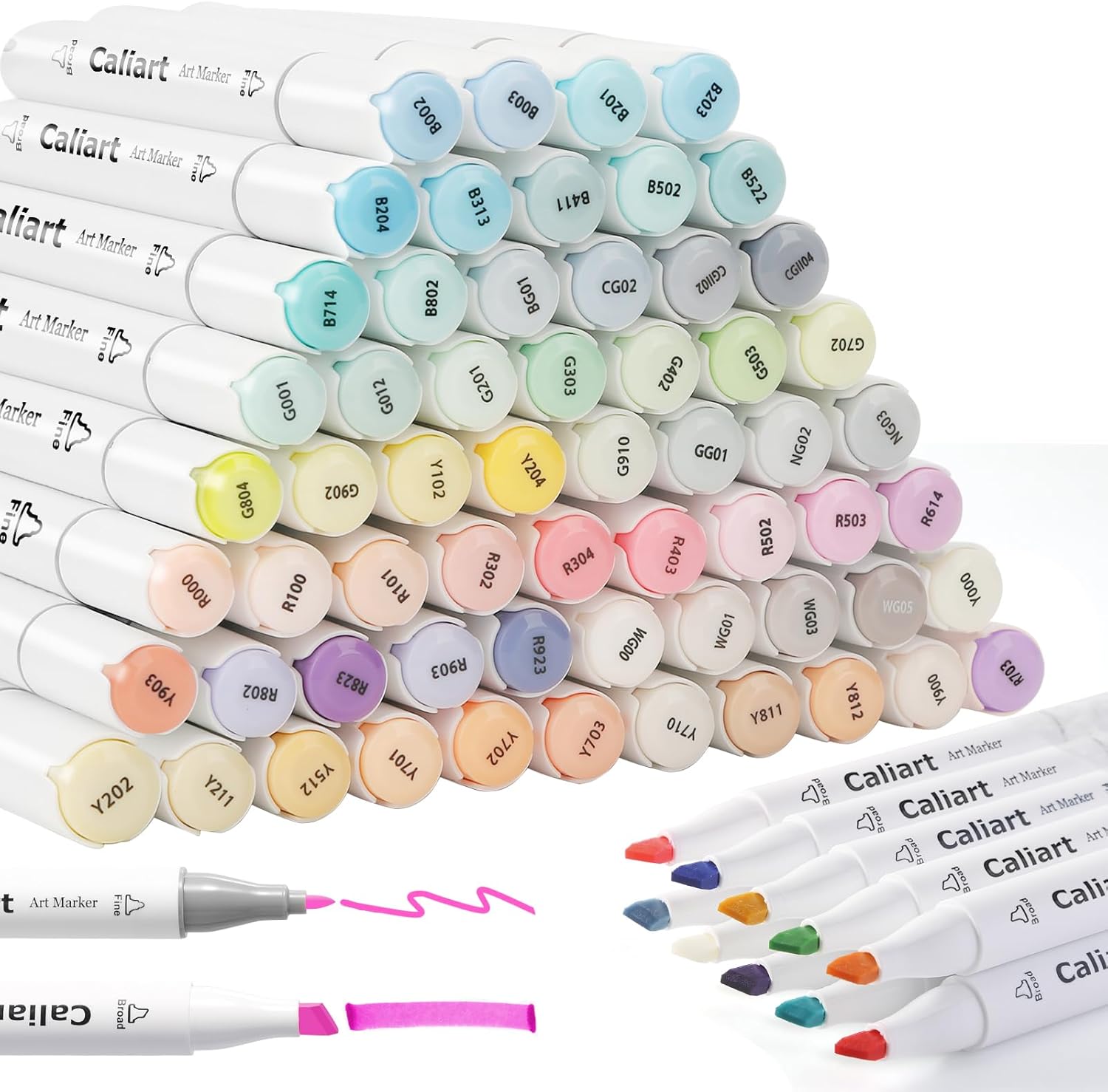 Caliart 61-color pastel marker set shown with carrying case and 34 brush pens