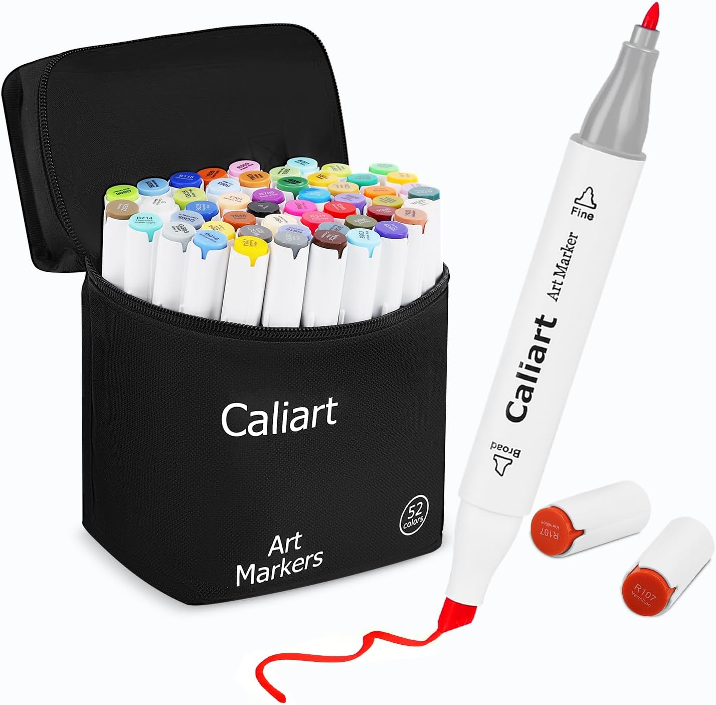 Caliart 52 Colors Alcohol Markers Dual Tip, Fine & Chisel Permanent Drawing Pens with Case, Based Art Markers for Adult Coloring Books No Bleeding, Artist Sketch Illustration Lettering Craft Supplies