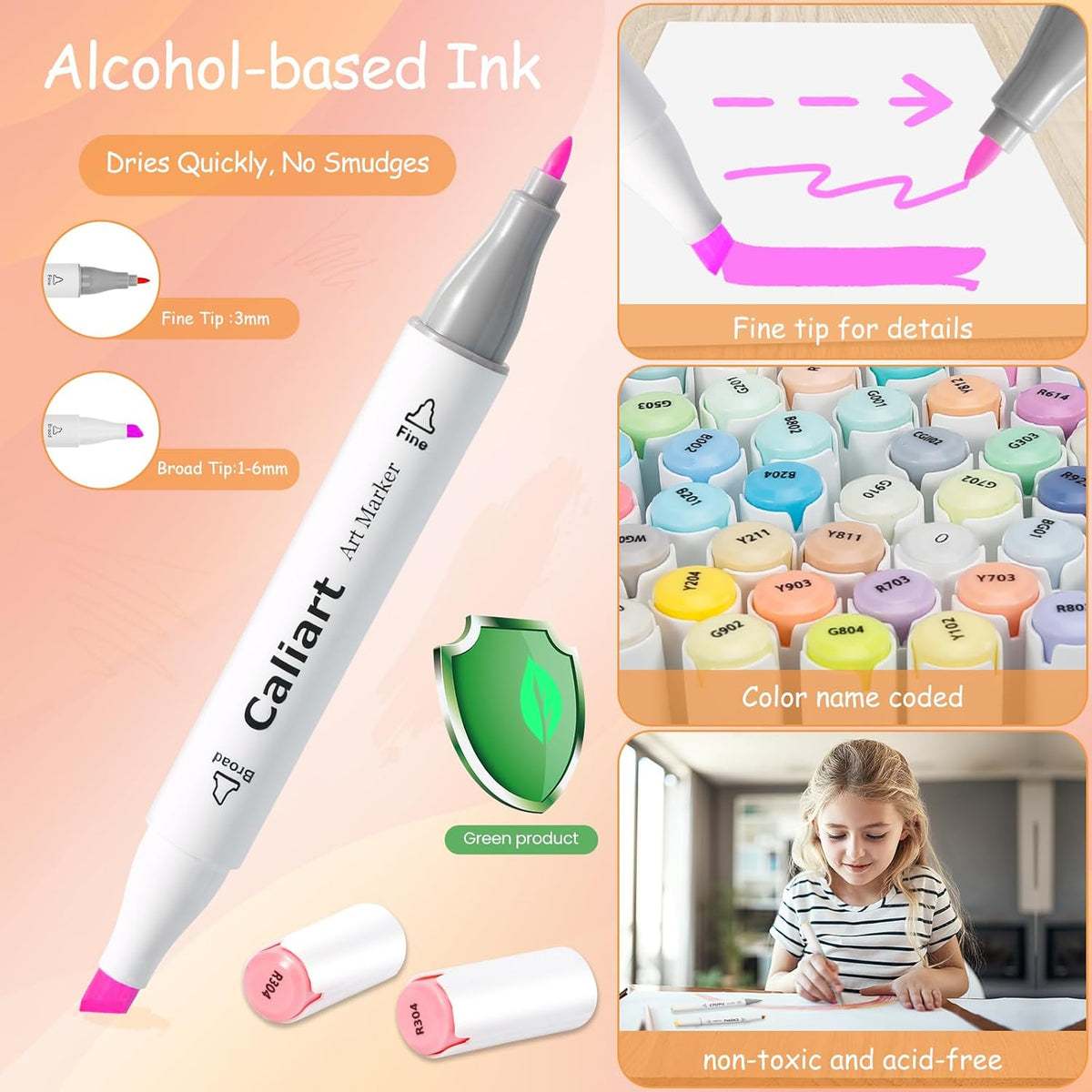 Caliart pastel alcohol markers dual tip brush and fine nibs close up