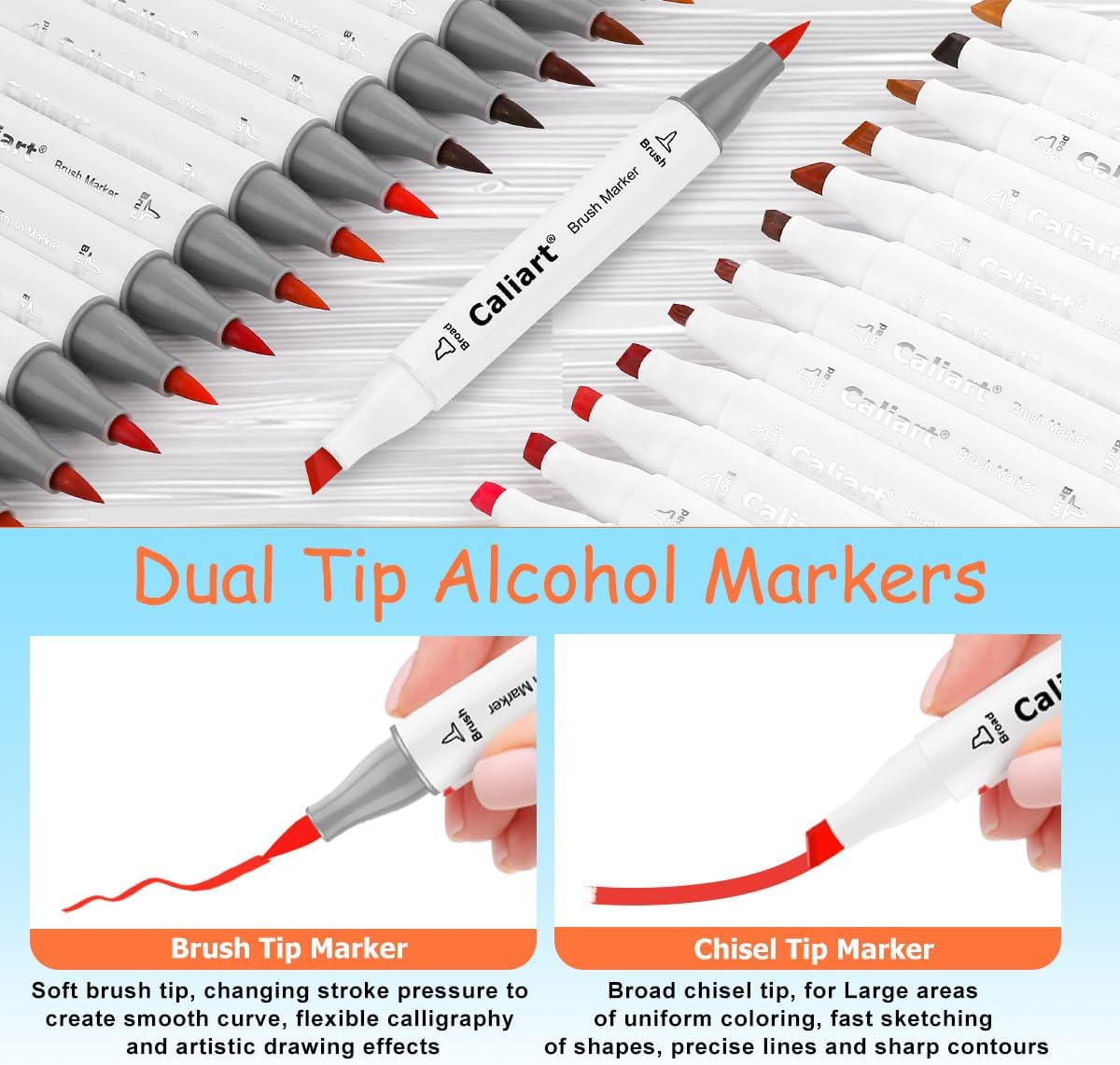 Caliart 100 Colors Dual Tip Art Markers, 121 Colors Alcohol Brush Markers, with Case for Adults Artists Drawing Illustration Sketching Coloring