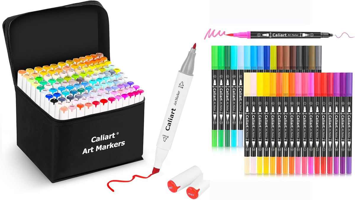 Caliart 121-color alcohol markers with 34 dual tip brush pens, permanent art marker set for artists, students and adult coloring