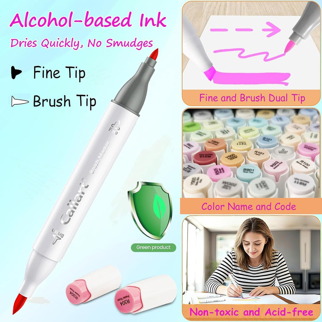 Caliart Alcohol Markers Brush Tip, 61 Colors Pastel Coloring Marker Set Dual Tip Fine & Brush, with Case Permanent Alcohol Based Colored Art Pens for Adult Coloring Books Artists Drawing Gifts