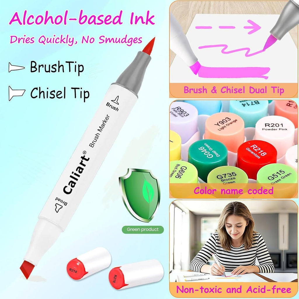 Caliart Alcohol Markers Brush Tip - 121 Colors Dual Tip Art Markers Set for Adult Coloring Books Artist Drawing Illustration Sketching, with Case Permanent Alcohol Based Colored Chisel & Brush Pens