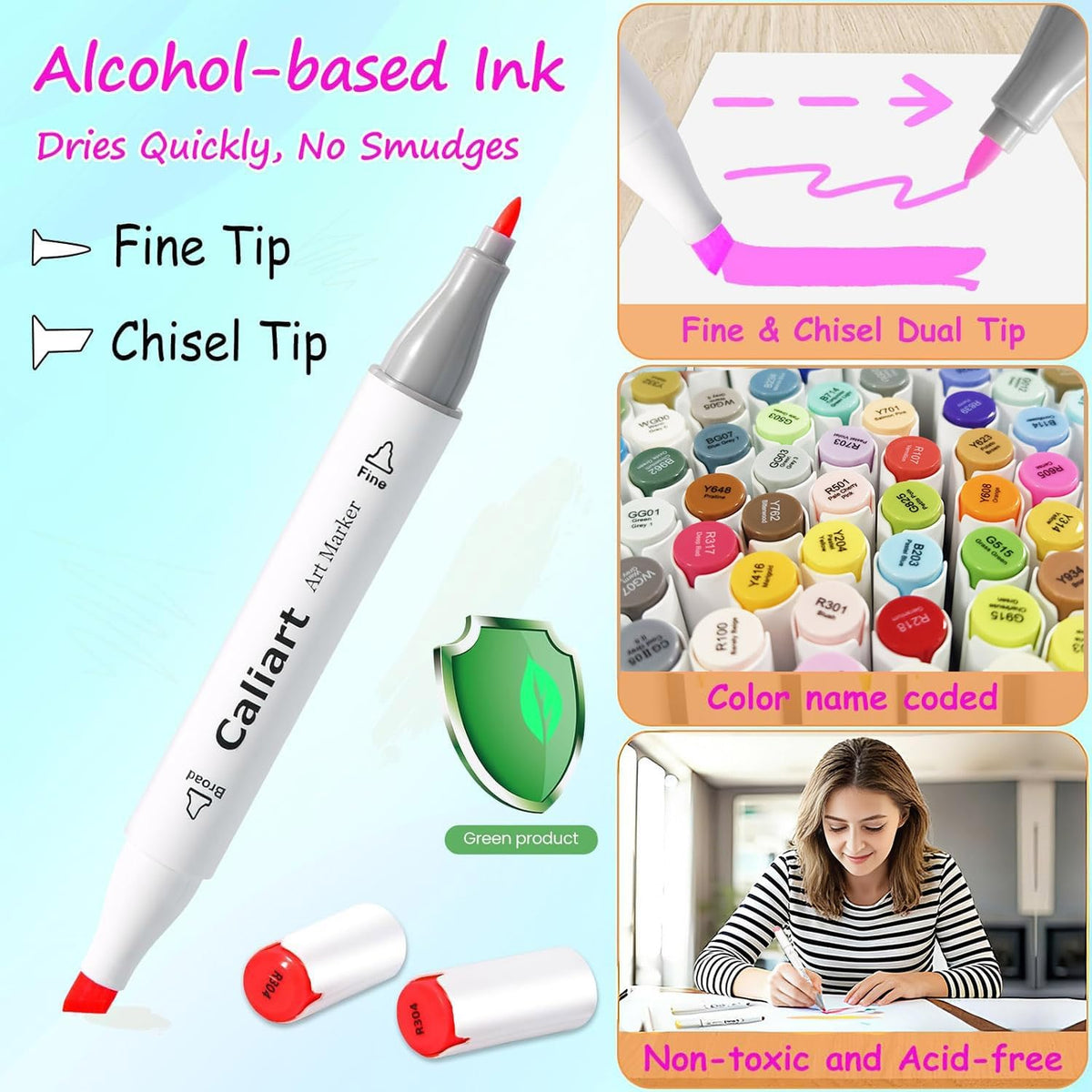 Caliart 81-color alcohol markers set with dual fine and chisel tips, carrying case, and adults coloring book illustration