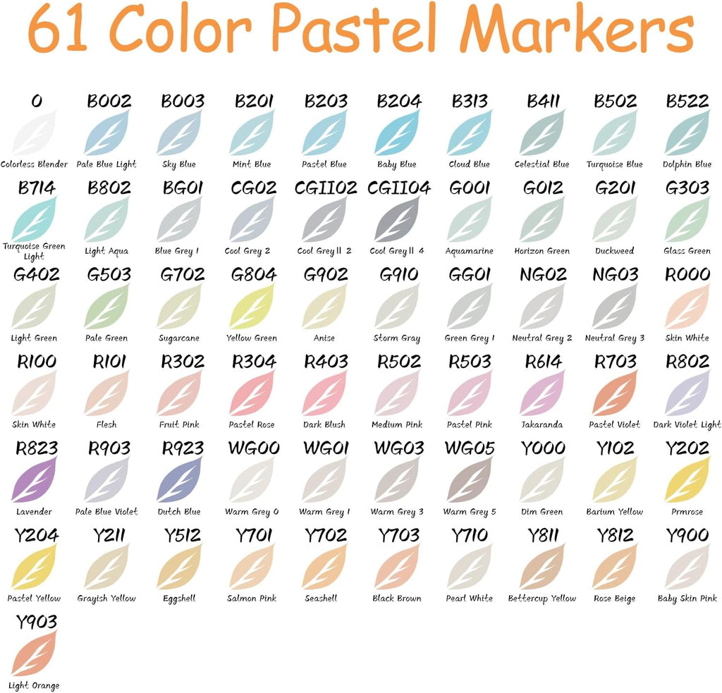 Caliart 61-color pastel marker set color range swatch chart