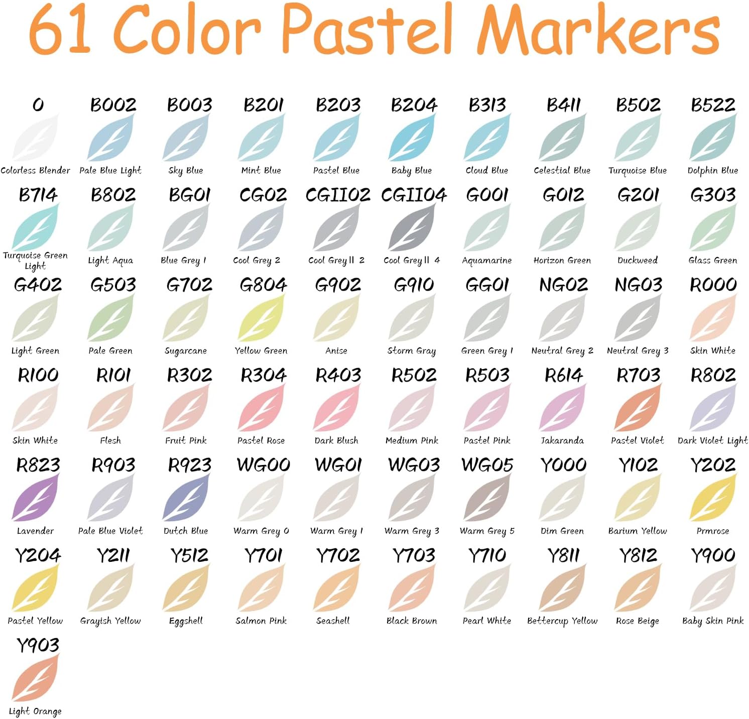 Caliart 61-color pastel marker set color range swatch chart
