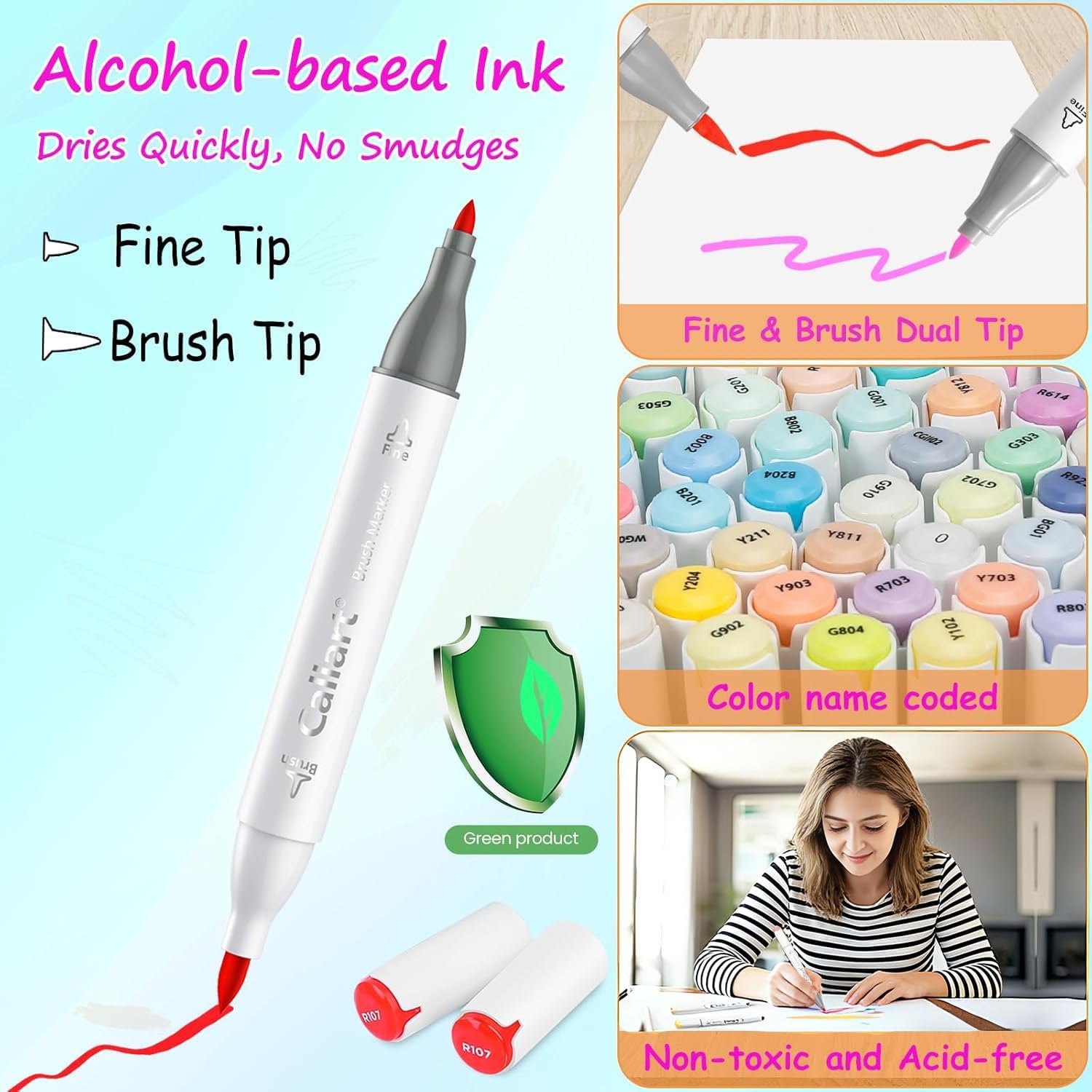 Caliart Alcohol Markers Brush Tip, 51 Colors Dual Tip Artists Coloring Markers Set Brush & Fine, Permanent Alcohol Based Colored Sketch Pens, Art Supplies Gifts for Adults Illustration Drawing